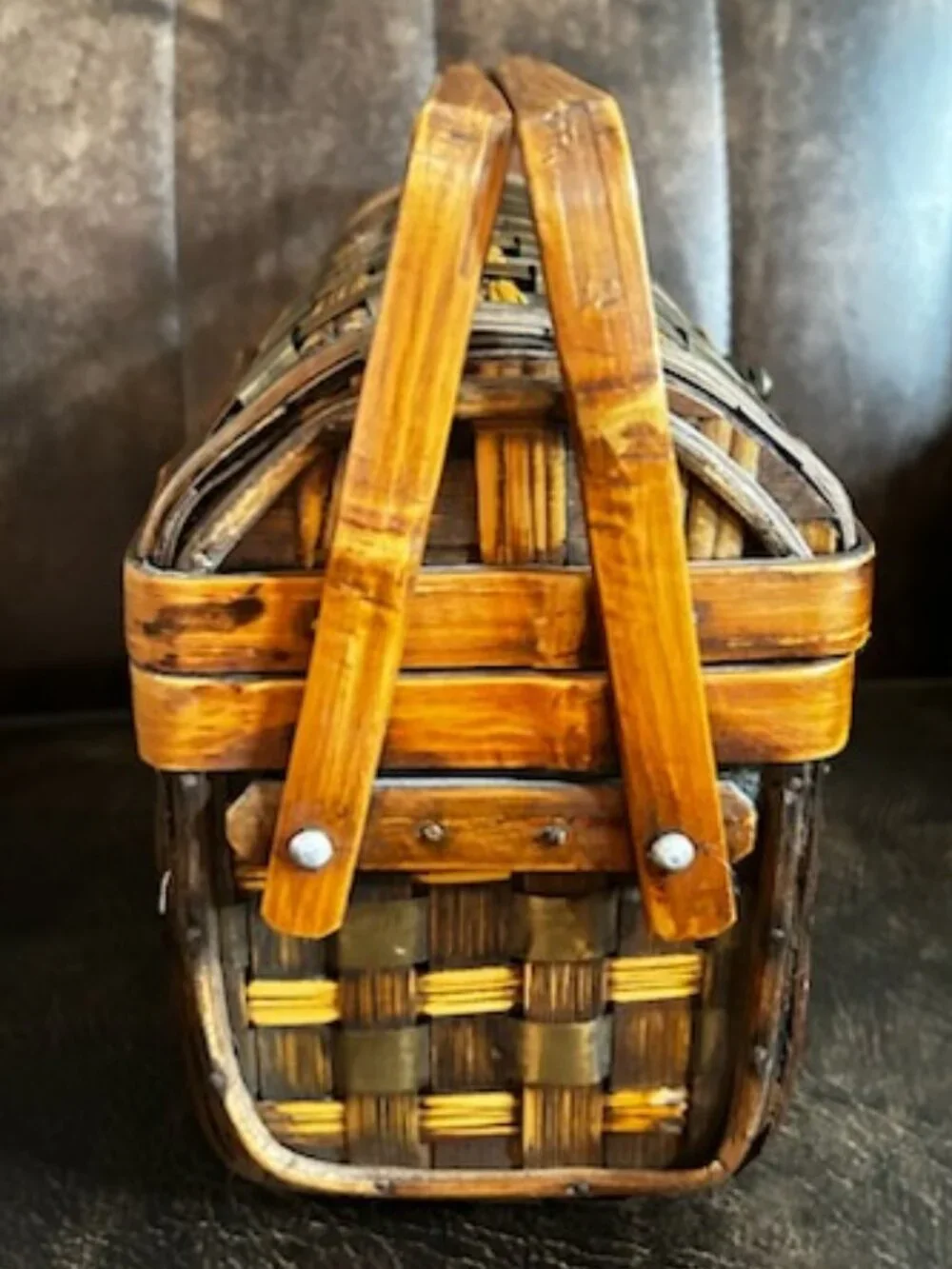 Vintage Woven Wood Basket with Hinged Lid & Double Handles